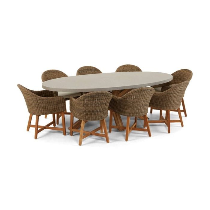 Tamarama Outdoor Concrete Look Dining Setting Brushed Wheat With 8 Coastal Wicker Chairs & Cream Cushions