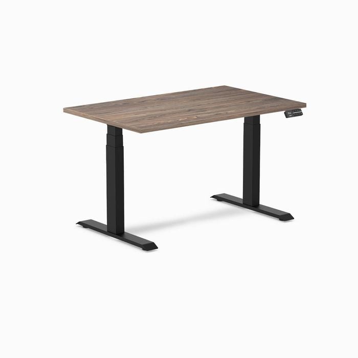 Desky Dual Sit To Stand Natural Walnut Melamine Desk 120x75cm Matte Black Height Adjustable Legs