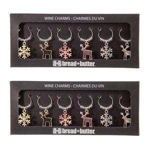 2x 6pc Bread and Butter Alloy/Steel Snowflake/Reindeer Wine Glass Charms Set