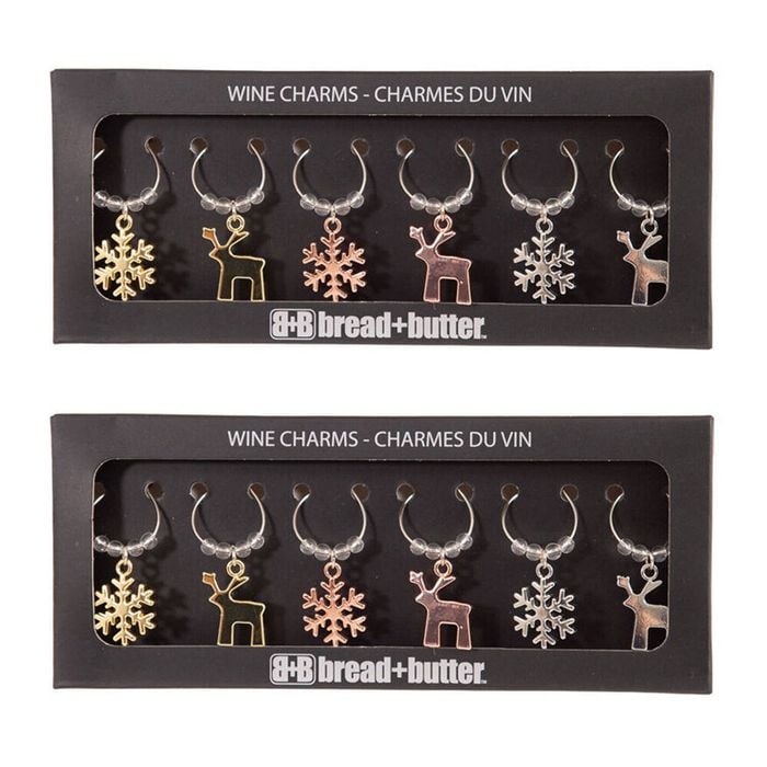 2x 6pc Bread and Butter Alloy/Steel Snowflake/Reindeer Wine Glass Charms Set