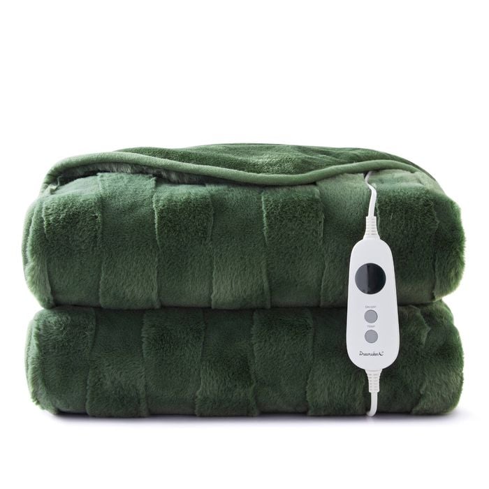 Dreamaker Basketweave Faux Fur Washable Electric Heated Throw Blanket Olive - 180x200cm | Overheat Protection & Auto-Off