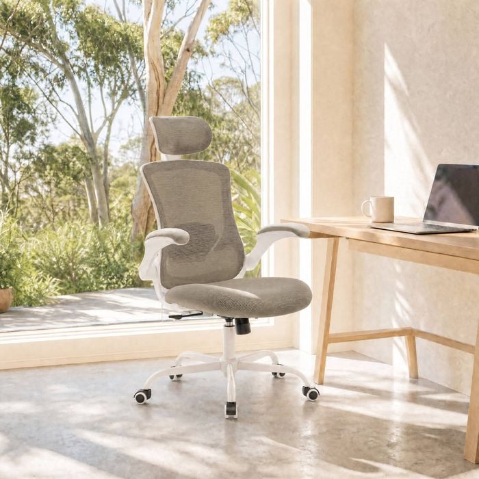Oakory Ergonomic Office Chair, High Back Mesh Chair With Adjustable Headrest, Lumbar Support, Flip-up Armrests Khaki