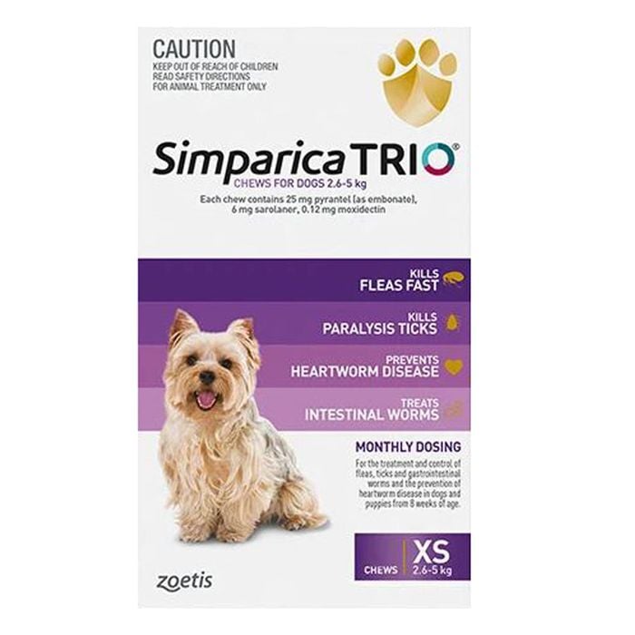 Simparica Trio Flea & Tick Control For Xs Dogs 2.6-5kg Purple 3 Pack