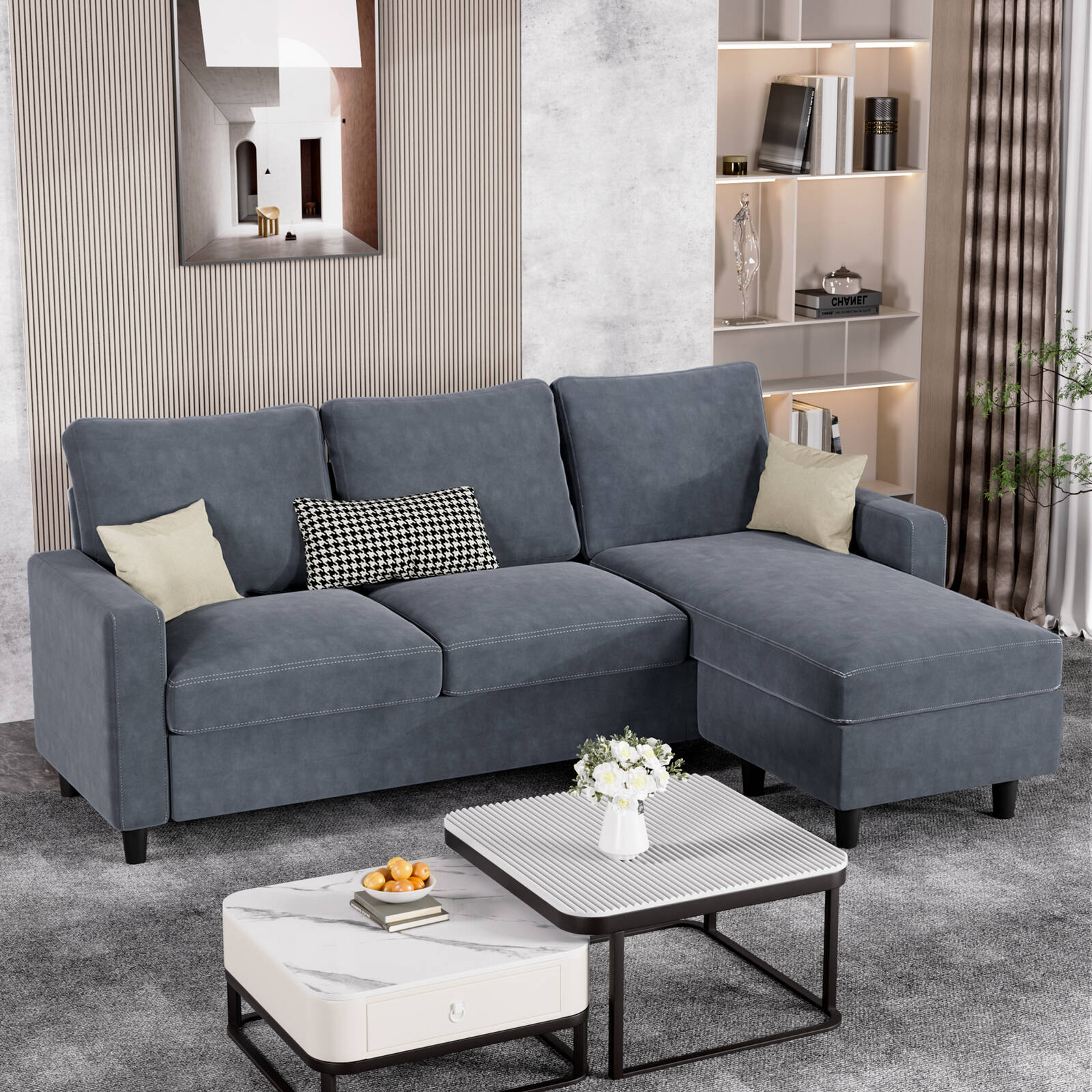 Levede 3-Seater L-Shaped Convertible Sofa with Ottoman 195CM Grey