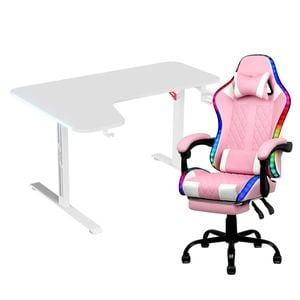Advwin 140cm White Gaming Desk Rgb Led Light & Gaming Chair With Footrest Led Light Pink