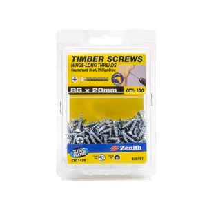 Zenith 8g x 20mm Zinc Plated Hinge-Long Thread Timber Screws - 100 Pack