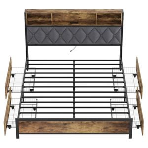 Ufurniture Bed Frame with Charging Station Upholstered Storage Headboard and 4 Underbed Storage Drawers Double Size