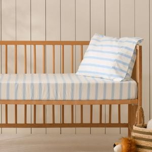 Dreamaker Baby Bask Washed Cotton Yarn Dyed Stripe Fitted Sheet Set Sky Large Cot