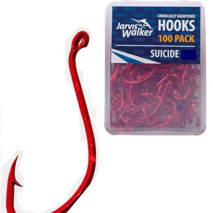 100 x Jarvis Walker Size 2/0 Suicide Octopus Hooks-Red Chemically Sharpened