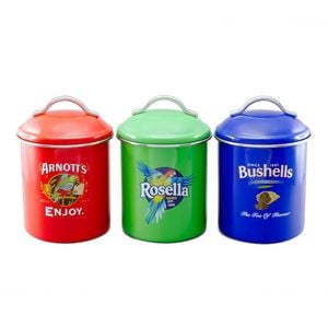Rojo Rojo Arnotts, Bushells & Rosella Canisters Set Of 3 Powder Coated With Sealed Rim