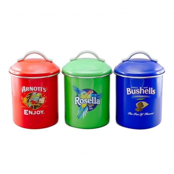 Rojo Rojo Arnotts, Bushells & Rosella Canisters Set Of 3 Powder Coated With Sealed Rim