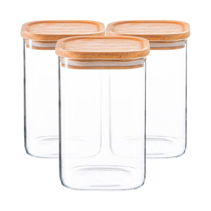 Argon Tableware 3x Glass Storage Jars With Airtight Wooden Lids - 1.1l - Square Cube Kitchen Storage Container Preserving Jars