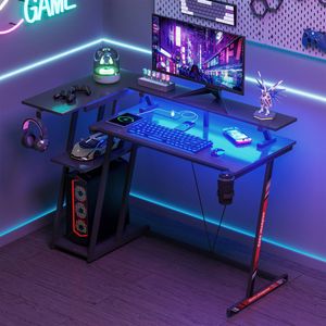 Advwin L Shaped 120cm Gaming Desk with LED Lights & Power Outlets Black