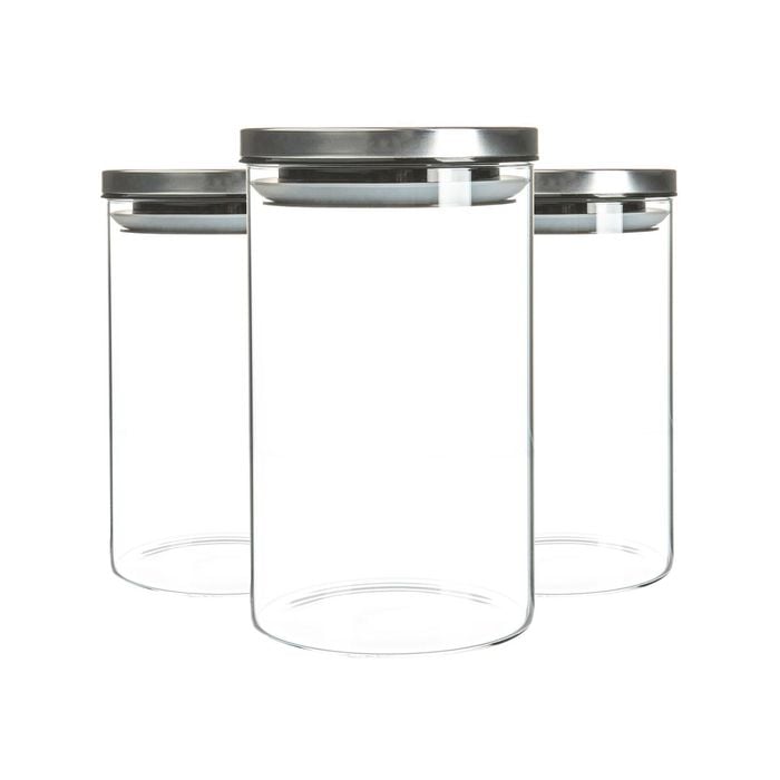 Argon Tableware Glass Storage Jars with Metal Lids - Silicone Seal - 1 Litre - Pack of 3