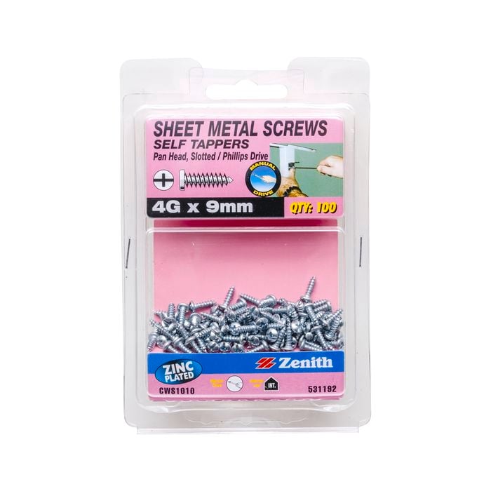 Zenith 4G x 9mm Sheet Metal Self-Tapping Pan Head Slotted Phillips Drive Screws - 100 Pack
