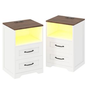 Advwin 2x Farmhouse Bedside Table with 2 Drawers, Charging Station, LED Light Nightstand Side Table, Brown+White