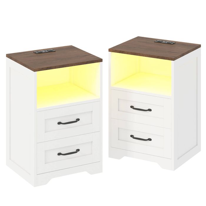 Advwin 2x Farmhouse Bedside Table with 2 Drawers, Charging Station, LED Light Nightstand Side Table, Brown+White