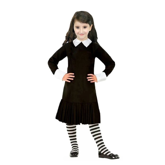 More Than Party Kids Wednesday Costume Pleated Dress/Striped Stockings 10-12y