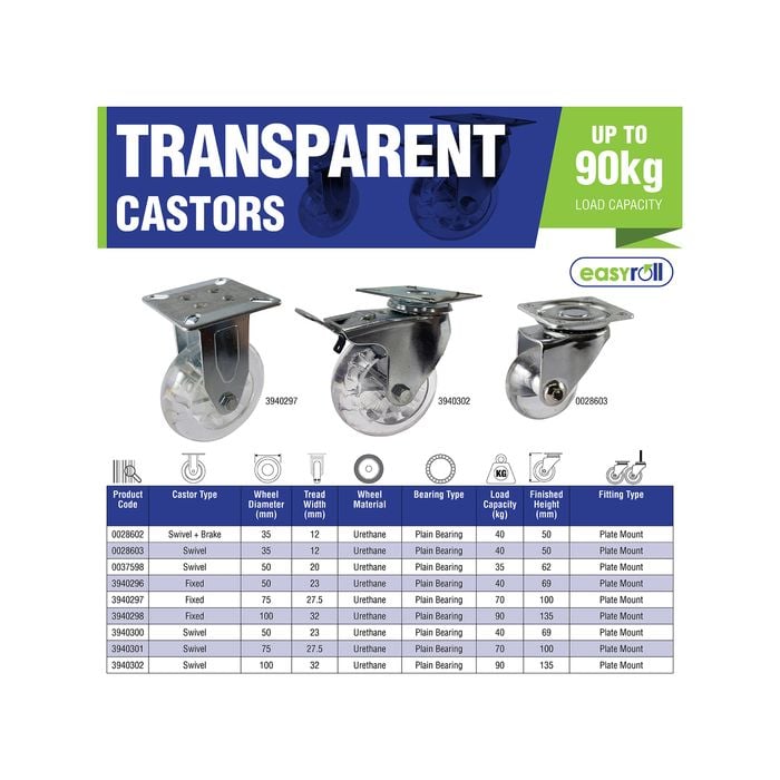 Easyroll 50mm 40kg Load Transparent Swivel Plate And Brake Castor