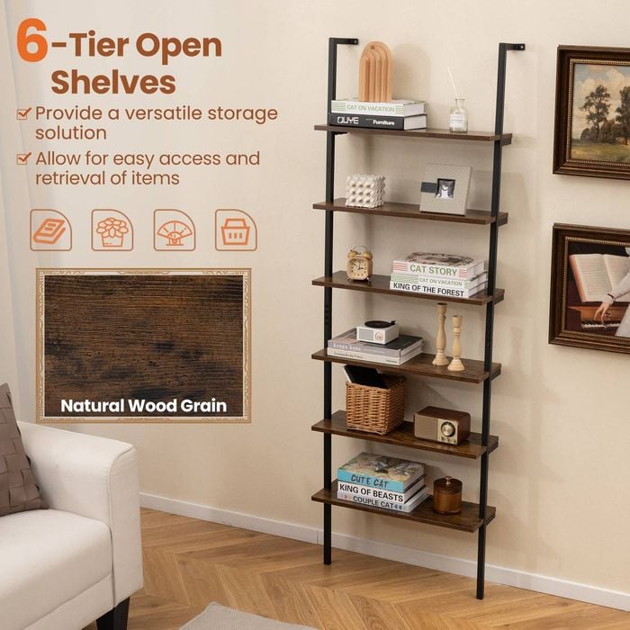 Costway 6-Tier Ladder Bookshelf Wall Mounted Display Shelf - Brown ...