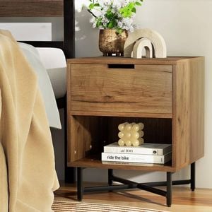 Homfurn Rustic Oak Nightstand – Industrial Style, 1 Drawer With Air-gap Handle, Open Shelf,