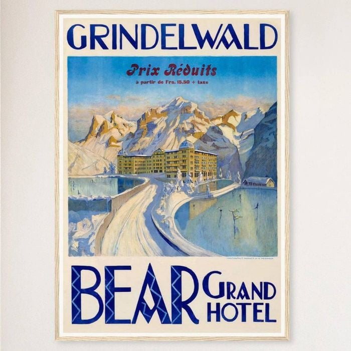 Galrie Bear Grand Hotel Vintage Travel Poster from Grindelwald, Switzerland Artwork, Wood Frame, A0 84 x 119cm (33 x 47inch)