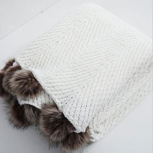 CottonMore Soft Acrylic Knitted Blanket Feather PomPom Throw Rug 130x160cm - Ivory