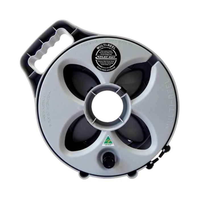 Compact Lead Storage Reel Cable Carrier holds up to 20m 15A Power Cord Flat Out