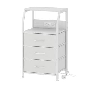 Ufurniture Nightstand 3 Fabric Drawers Bedside Table With Charging Station For Bedroom Living Room White