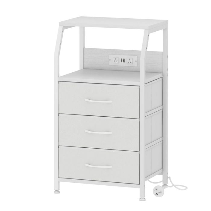 Ufurniture Nightstand 3 Fabric Drawers Bedside Table With Charging Station For Bedroom Living Room White