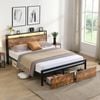 HOMFURN Industrial Queen Bed Frame with Storage Headboard and 2 Drawers, LED Lights Bed with Charging Station, Rustic Brown