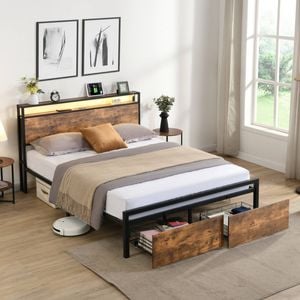 HOMFURN Industrial Queen Bed Frame with Storage Headboard and 2 Drawers, LED Lights Bed with Charging Station, Rustic Brown