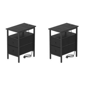 Ufurniture 2PCS LED Side Table w/ Charging Station Narrow End Table w/ Storage Drawer & Shelf Black
