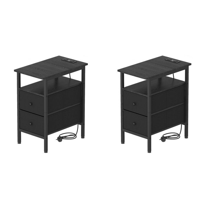 Ufurniture 2PCS LED Side Table w/ Charging Station Narrow End Table w/ Storage Drawer & Shelf Black