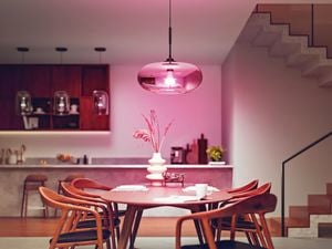 Philips Hue smart lights on a warm white setting in a dinning room