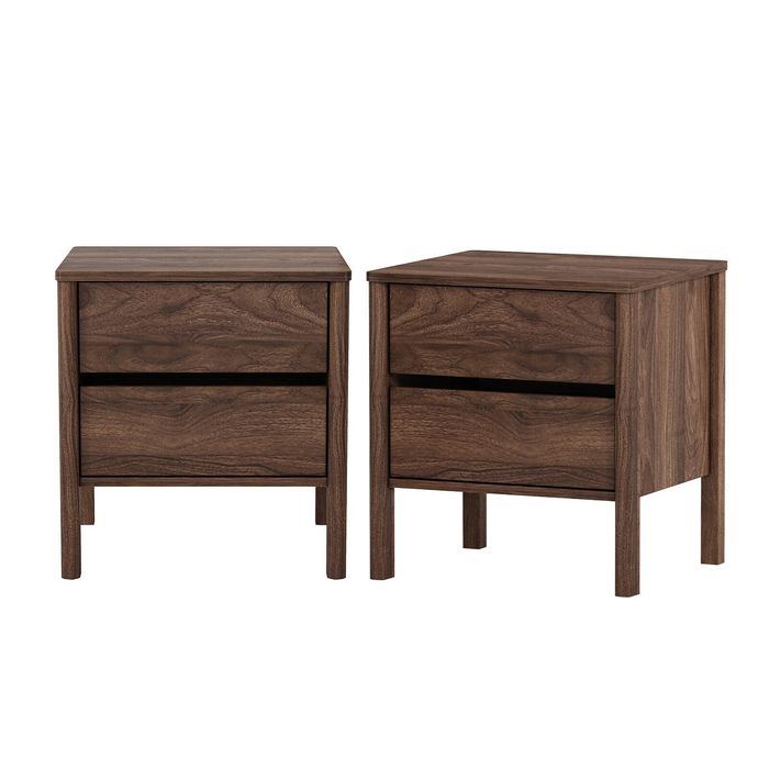 Oikiture 2x Bedside Table 2 Drawers Side Table Nightstand Handle-free Walnut