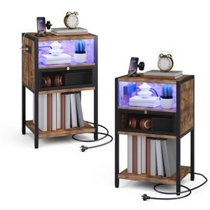 Advwin 2xLED Bedside Table with Charging Station Metal Mesh Drawer Nightstand Side Table Rustic Brown