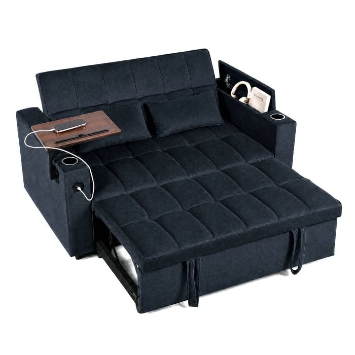 Advwin 3 in 1 Convertible Sofa Bed w/ Swivel Side Table Charging Station Adjustable Backrest & Storage Armrest Black