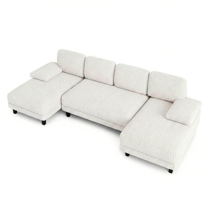 Ufurniture 280cm U-shape 4 Seater Sectional Sofa Couch W/ 2 Chaises Corduroy Upholstered Futon Couch Recliner Beige