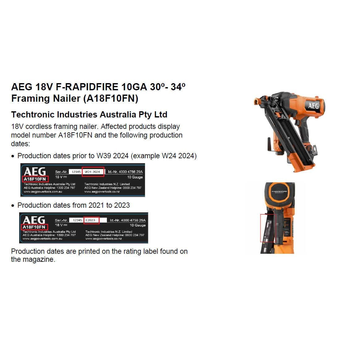 Product Recall AU - AEG Framing Nailer