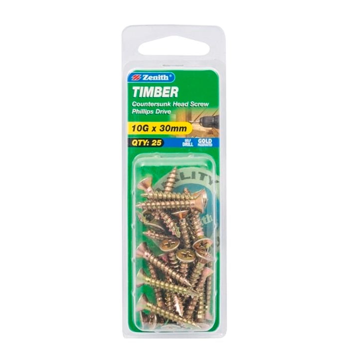 Zenith 10G x 30mm Gold Passivated Timber Countersunk Head Screw - 25 Pack