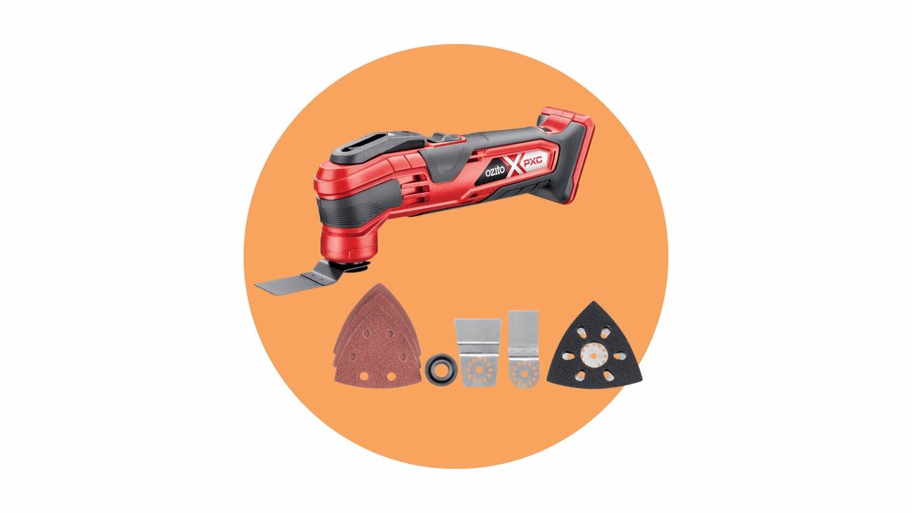 A red and black Ozito oscillating multi-tool with various sanding and cutting attachments.