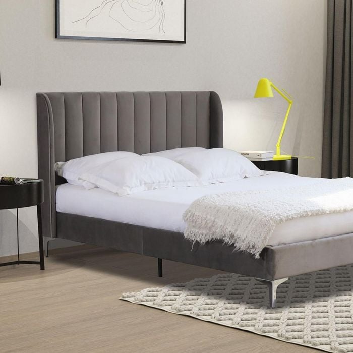Istyle Modern Classic Herman King Single Velvet Bed Frame Grey with Black Legs