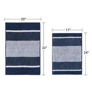 Smarcute 2 Pieces (50x81cm & 43x61cm) Striped Plush Chenille Bath Mat Bathroom Kitchen Rugs Navy And White
