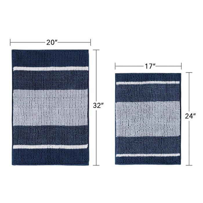 Smarcute 2 Pieces (50x81cm & 43x61cm) Striped Plush Chenille Bath Mat Bathroom Kitchen Rugs Navy And White