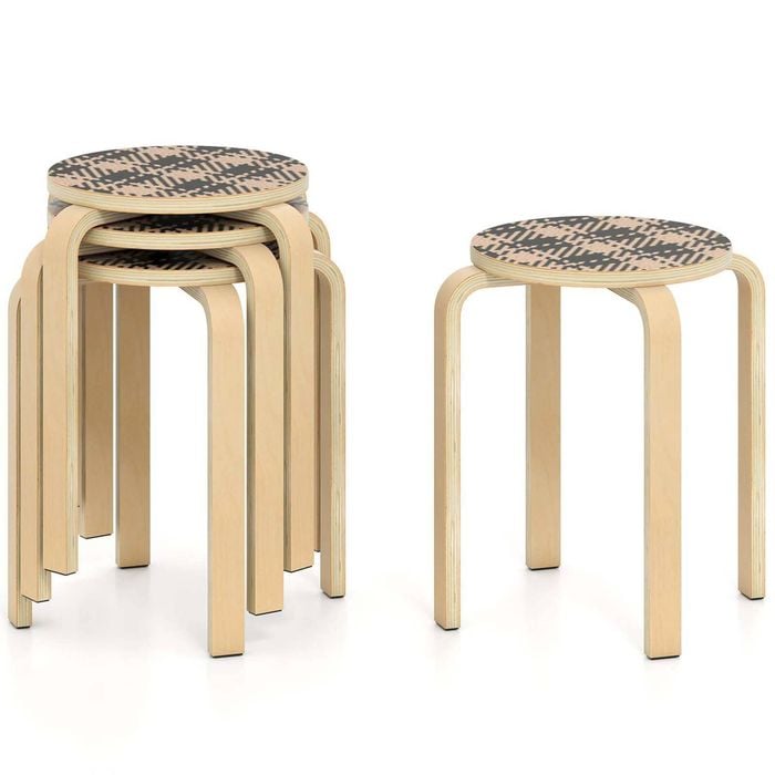 Costway 4pcs Stacking Stool Round Dining Chair Birch Wood Yellow