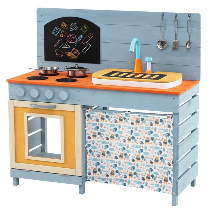 Costway Outdoor Kids Play Kitchen Wooden Cooking Playset W/blackboard Blue