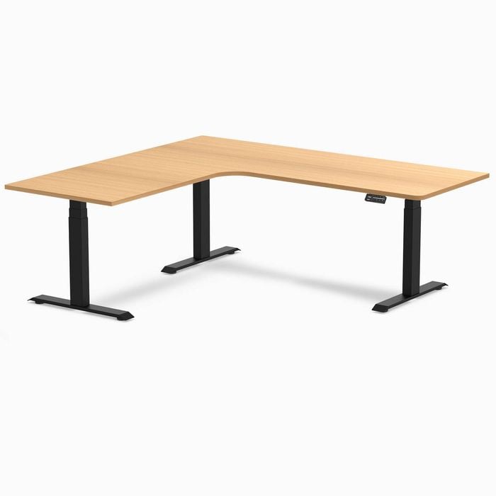 Desky L-Shape Sit to Stand Select Beech Melamine Desk 2000x1800mm - Right Return Height Adjustable White Leg