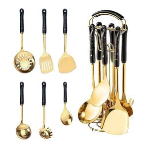 Catzon 7 Pcs Stainless Steel Kitchen Utensils for Cooking with Hanging Shelf-BlackB