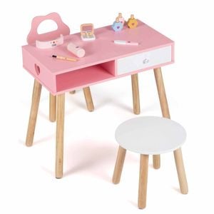 Costway Kid Table Chair Stool Set Pretend Nail Salon Playset Accessories
